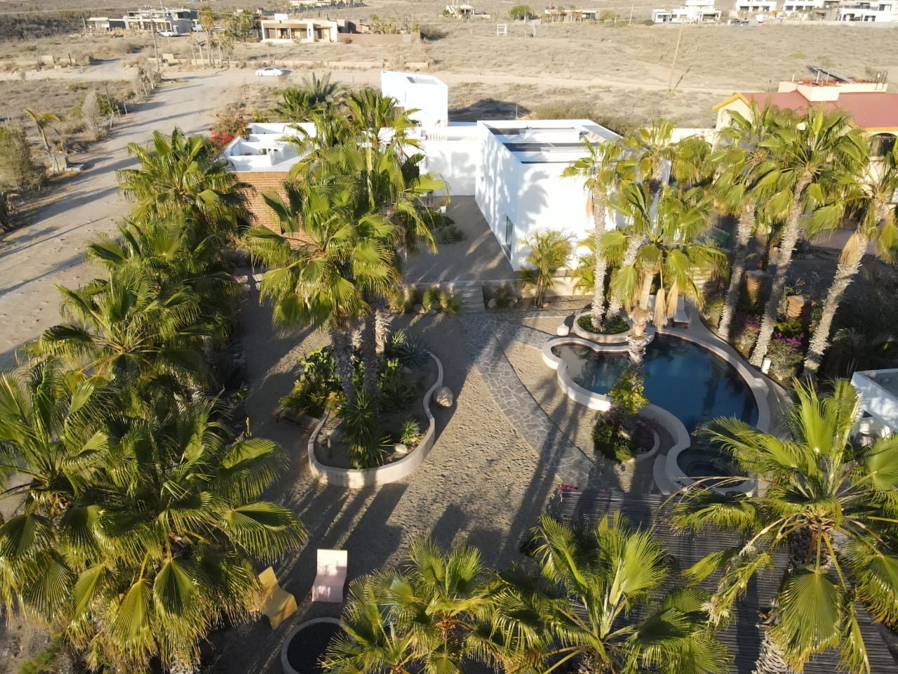 Aerial view of the Casa del Arte compound: the saltwater pool, buildings and palm gardens with the Pacific beyond