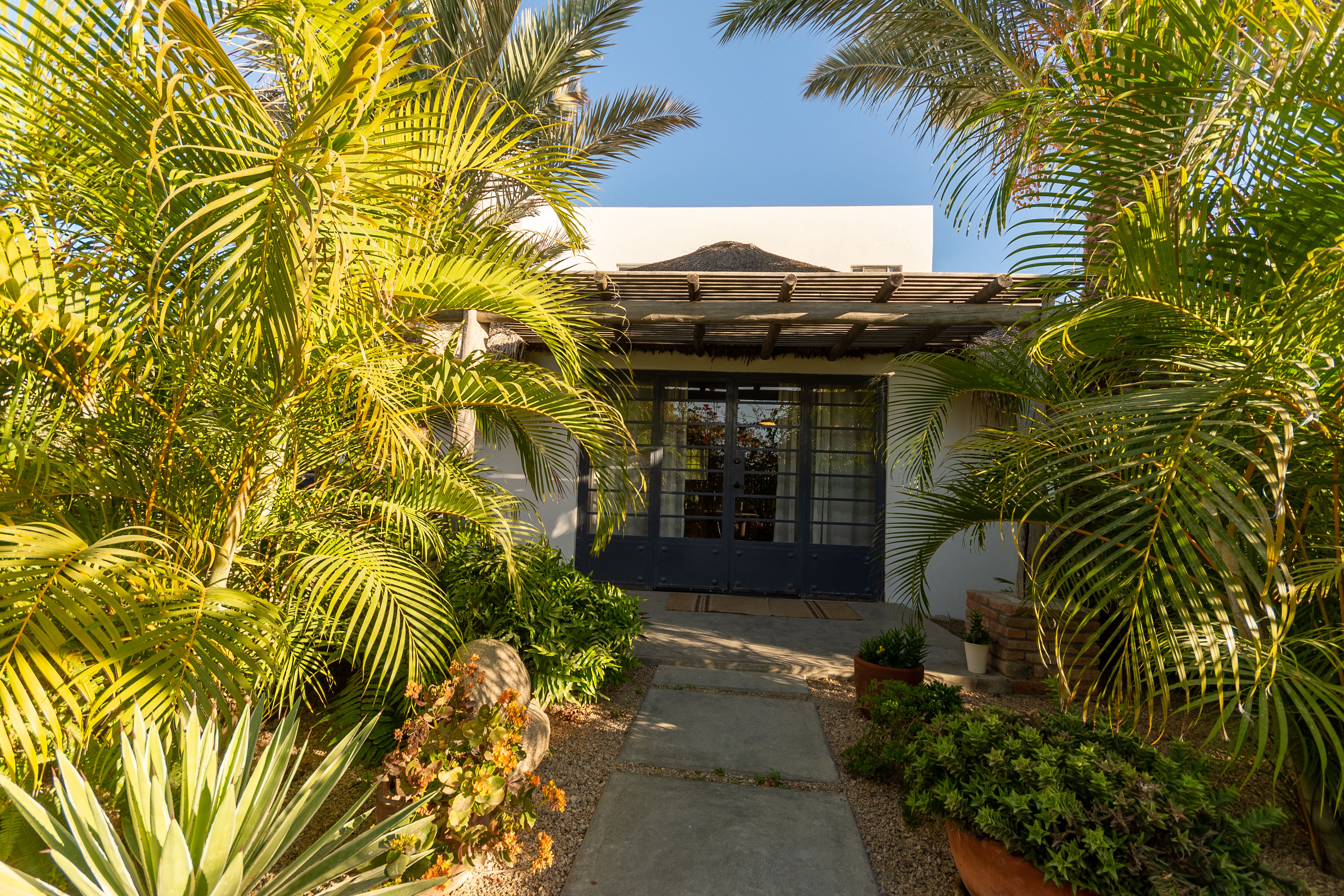 The casita's private entrance: blue framed glass doors under a timber pergola, reached by a path through the palm garden